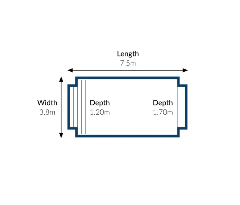 Classic Pool Specifications - 7.5m x 3.8m with depths 1.20m and 1.70m
